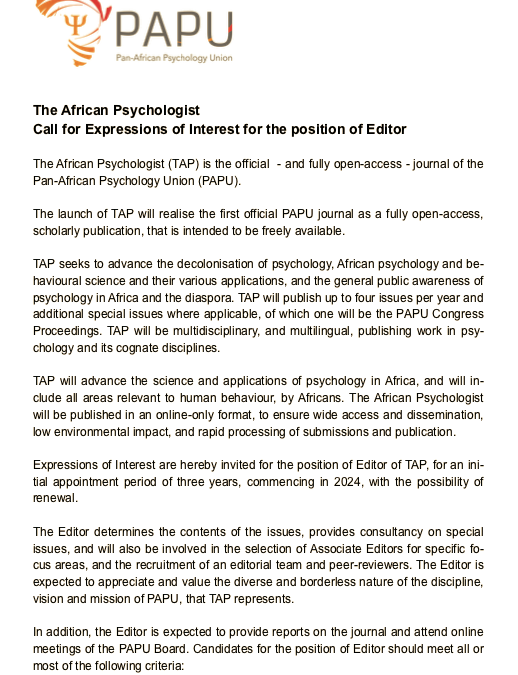 The African Psychologist Call for Editor